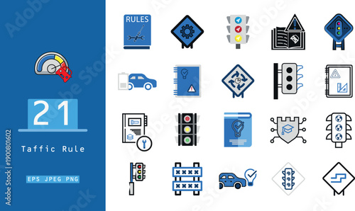 A dynamic assortment of flat icons showcasing traffic safety, driving education, vehicle maintenance, and various road signs, including speedometers, rule books, and different types of traffic lights