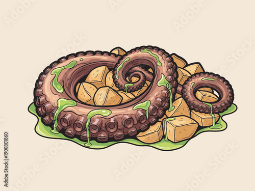 Roasted Octopus Illustration for Gourmet Seafood Menu, Restaurant Design, and Food Promotion