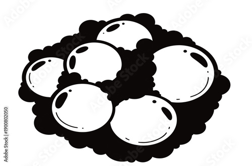 Black and white illustration of a cluster of spherical objects