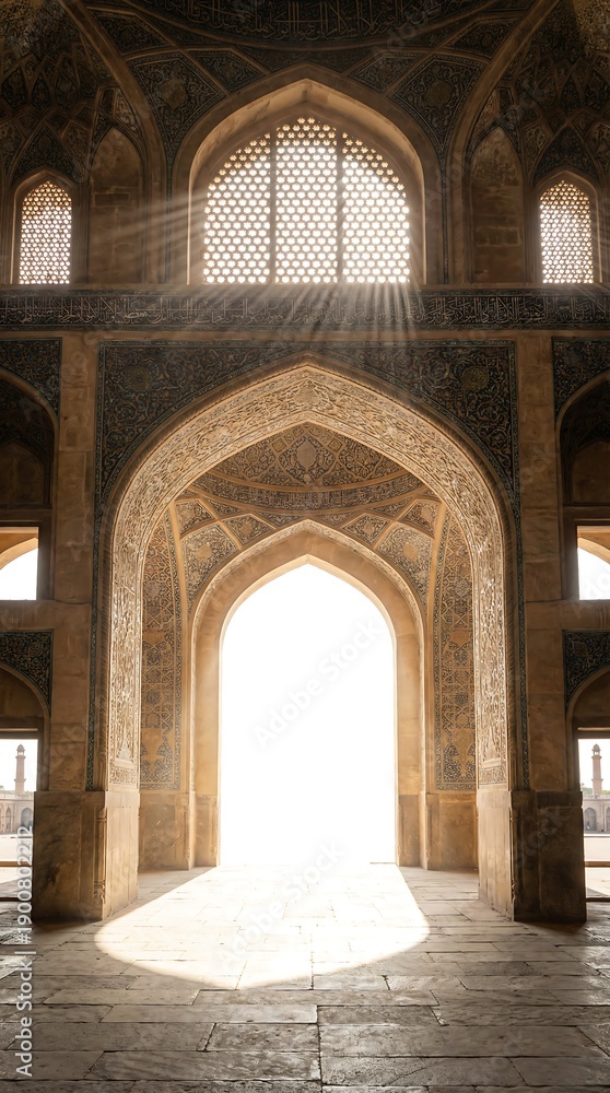 Obraz premium Tall mosque arch with Islamic patterns and soft sunlight