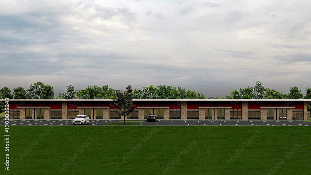 Fototapeta premium Modern Commercial Strip Mall and Office Building Exterior 3D Render with Parking Lot and Green Lawn