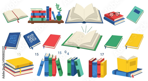 Colorful collection of open and stacked books with glasses and decorative elements