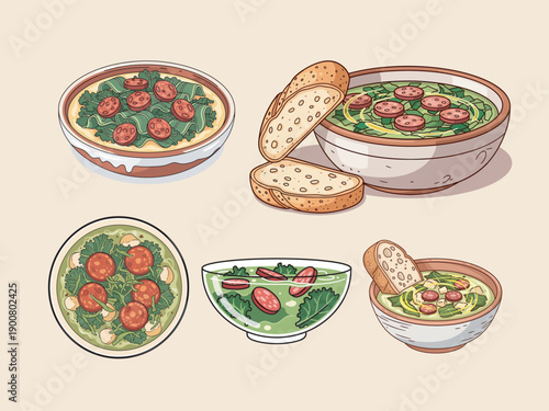 Caldo Verde Soup Illustration for Traditional Food Menu, Recipe Design, and Restaurant Branding