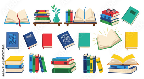 Colorful collection of open and stacked books with glasses and decorative elements