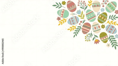 Charming corner border featuring assorted pastel-colored, decoratively patterned easter eggs surrounded by delicate spring foliage and small floral elements creating a festive design.
