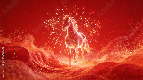Glowing Zodiac Horse with Fireworks on Red Gold Background Chinese Lunar New Year Prosperity