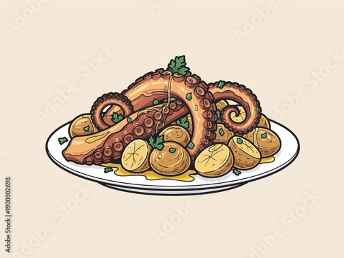 Portuguese Octopus Dish Illustration for Restaurant Menu, Food Branding, and Culinary Design