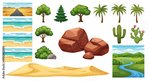 Collection of various natural landscapes and plant life illustrations high quality