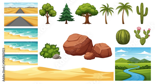 Collection of various natural landscapes and plant life illustrations high quality