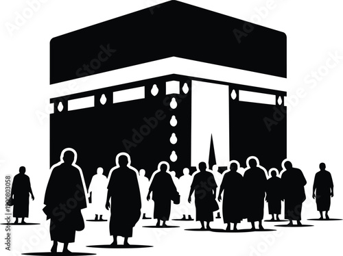 Silhouette of people pilgrimaging around the kaaba in mecca, saudi arabia at night.