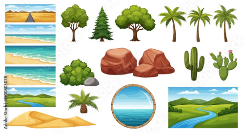 Collection of various natural landscapes and plant life illustrations high quality