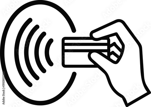 Hand holding credit card for contactless tap to pay transaction via NFC technology wireless payment system with payment terminal nearby