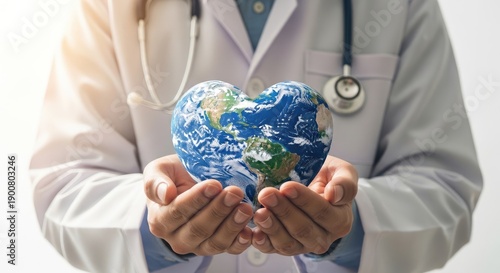 World health day global healthcare and wellness concept with doctor holding earth as a heart