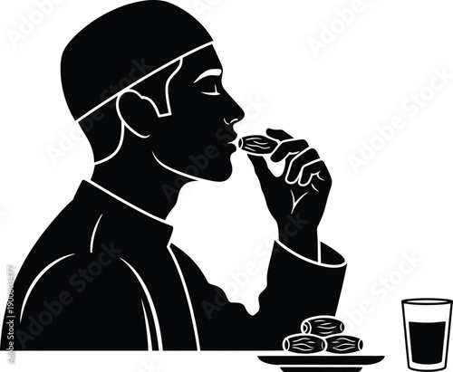 A man eating cookies and drinking a beverage in a simple black silhouette