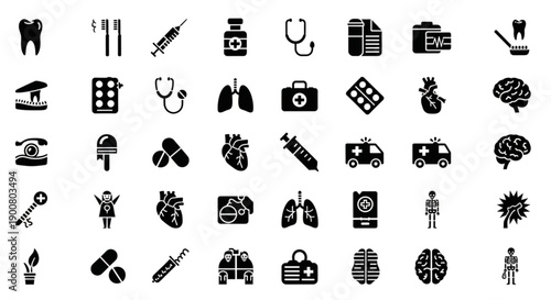 A collection of 40 black and white medical icons on a white background, including symbols for healthcare, medicine, and anatomy, such as teeth, toothbrushes, pills, syringes, stethoscopes.
