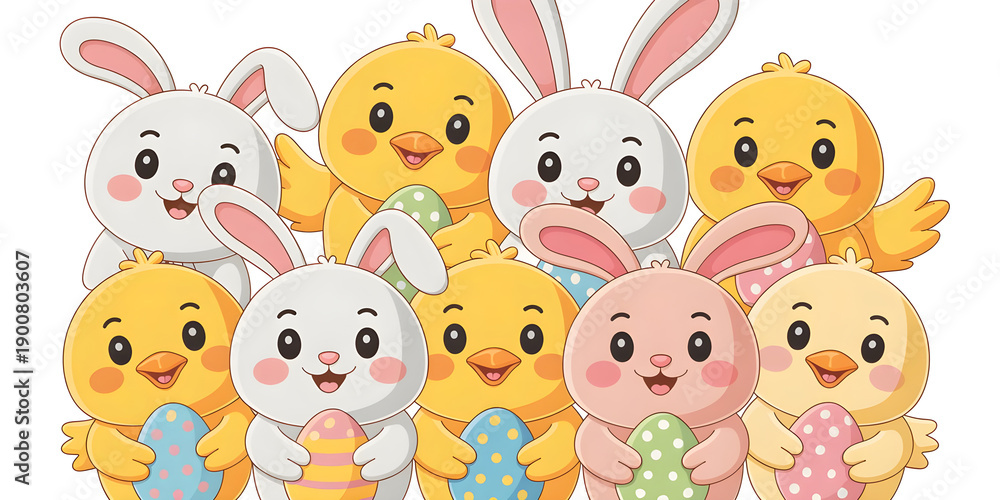Obraz premium Easter bunnies and chicks celebrating spring holding eggs