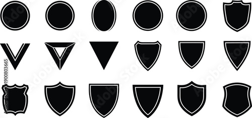 Black silhouette vector set of shield icons, heraldic crests and emblems, security protection symbols, award badges for logo design, isolated.