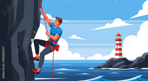 A climber scales a rugged cliff overlooking the ocean, where a red-and-white lighthouse stands on a distant rock amidst crashing waves and fluffy white clouds