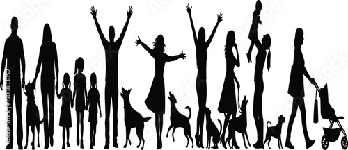 Black silhouettes of happy families with children and dogs walking, playing, jumping, and pushing a baby stroller on white background.
