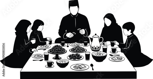 A black and white illustration of a family having a meal together