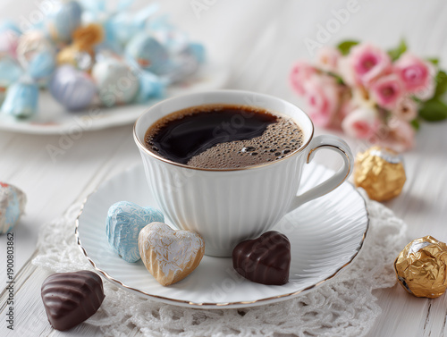 Coffee Cup and Candies on Table Side View