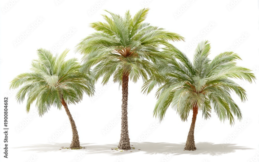 Obraz premium Three palm trees, various heights, leafy, against a clean white background