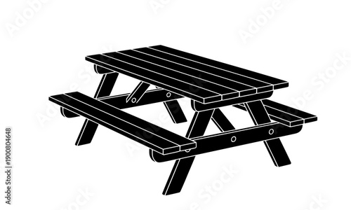 Wooden picnic table silhouette with attached benches, outdoor furniture icon perfect for park, camping and recreation area designs and signage