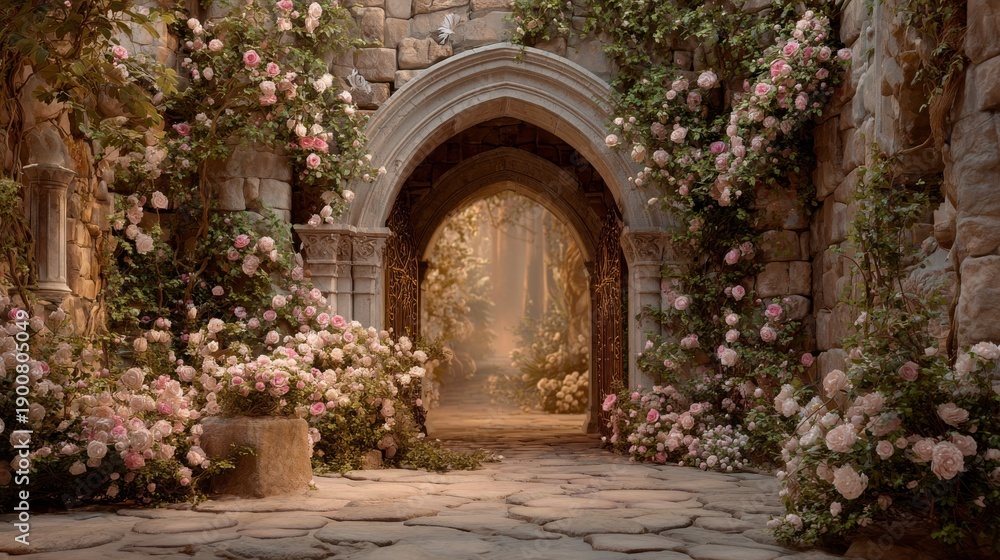 Obraz premium A medieval castle courtyard grand floral archway ivy-covered stone walls dreamy garden, soft pink golden hues, subtle fantasy elements, elegant whimsical, romantic blurred stone path