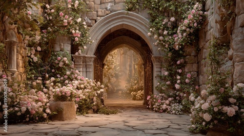 A medieval castle courtyard grand floral archway ivy-covered stone walls dreamy garden, soft pink golden hues, subtle fantasy elements, elegant whimsical, romantic blurred stone path	