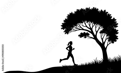 Woman running silhouette under acacia tree at sunset, fitness and wellness lifestyle scene with African landscape for health and exercise motivation designs