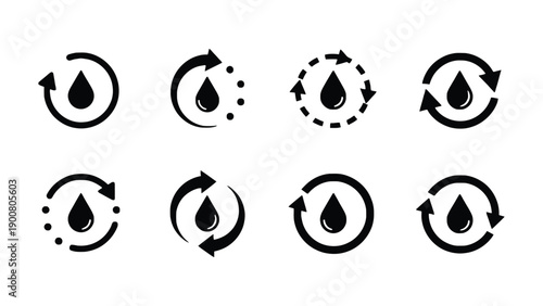 A set of black and white icons depicting water droplets in circular motion