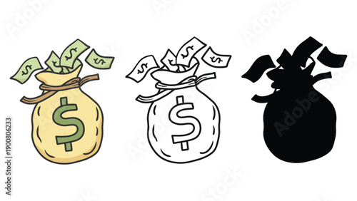 Three money bags with dollars and different color schemes