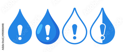 Blue Water Drop Warning Icons with Exclamation Mark – Alert Notification Liquid Symbol Vector Set