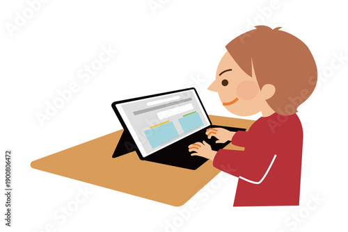 タブレット端末で授業を受ける生徒　イラスト素材