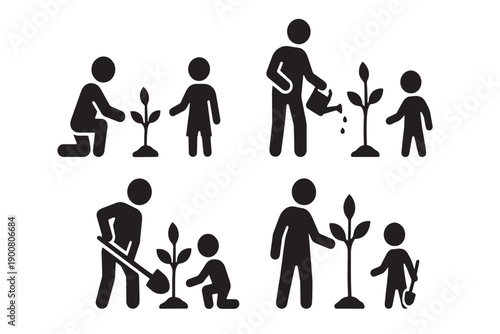 Family gardening scenes with parents and children planting seeds, watering young plants, and nurturing a lush garden—illustrating teamwork, nature, sustainability, and outdoor family activities.