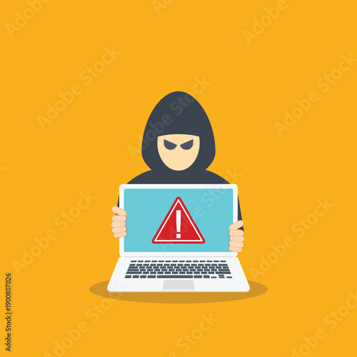 Hacker with laptop icon and warning sign, data breach, malware, cyber attack, hacking