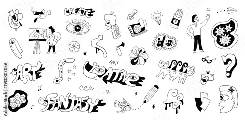 Art tools doodles , funny creative sign and symbol drawings vector collection