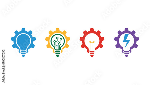 A set of colorful light bulb icons with gear designs