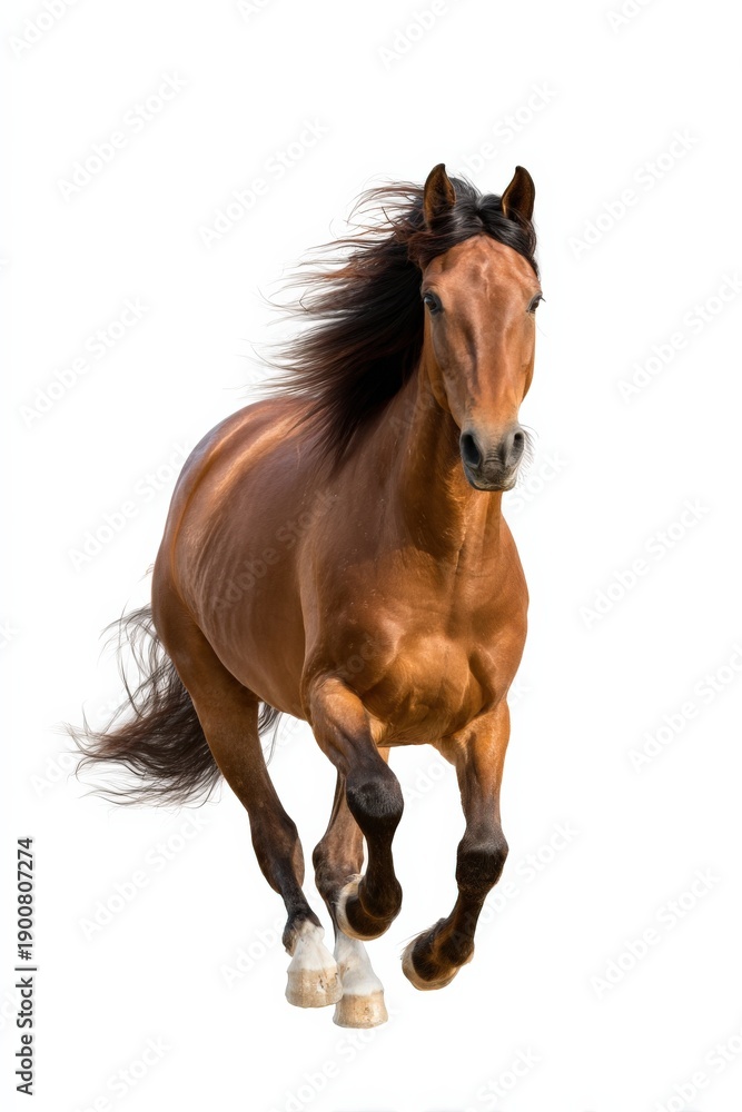Obraz premium Majestic brown horse galloping with flowing mane on white background