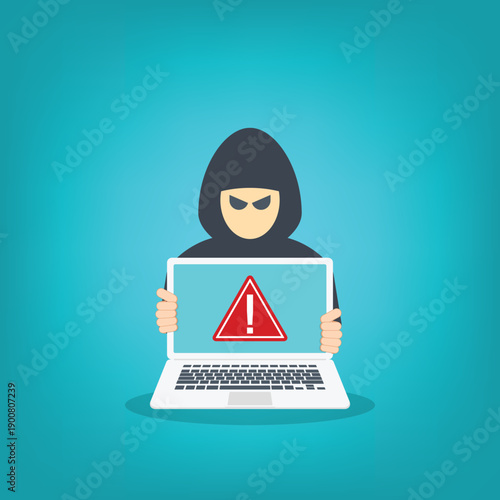 Hacker with laptop icon and warning sign, data breach, malware, cyber attack, hacking