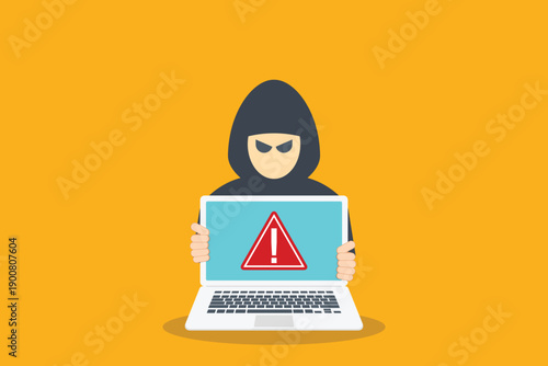 Hacker with laptop icon and warning sign, data breach, malware, cyber attack, hacking