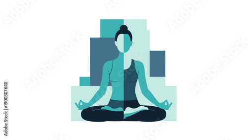 Abstract Geometric Yoga Meditation. Woman in Lotus Pose, Practicing Mindfulness, Inner Peace, and Mental Balance in Modern Flat Design.