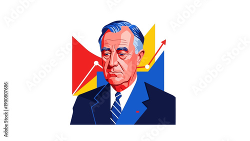 Vector Portrait of a Statesman or Business Leader with Economic Growth Charts. Pop Art Style Illustration of Political Policy and Finance.