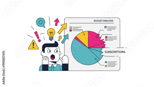 Financial Shock: Man discovers rising subscription costs in budget analysis chart (Vector Illustration)