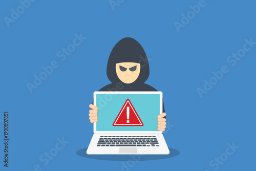 Hacker with laptop icon and warning sign, data breach, malware, cyber attack, hacking