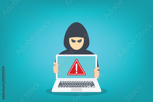 Hacker with laptop icon and warning sign, data breach, malware, cyber attack, hacking
