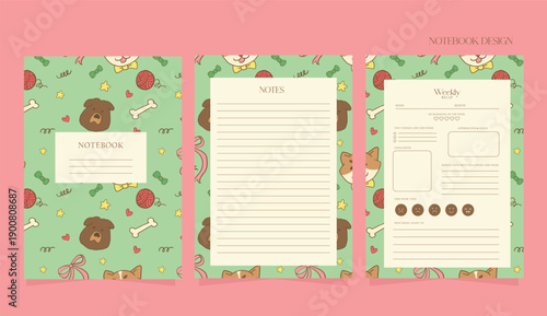 Cute Dog Pattern Notebook and Weekly Planner Set. Ideal for school supplies, personal organization, digital planner products, and cute stationery designs.