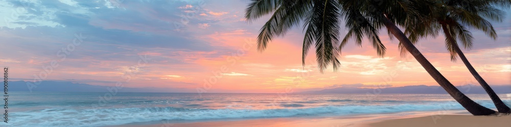 Obraz premium Serene tropical beach sunset with palm trees and gentle waves