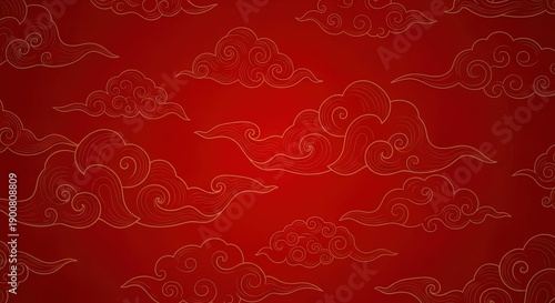Vibrant red background with traditional Chinese auspicious cloud patterns in a seamless, elegant design.