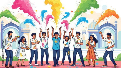 Diverse group of young adults celebrating holi festival with colorful powder and joyful expressions outdoors